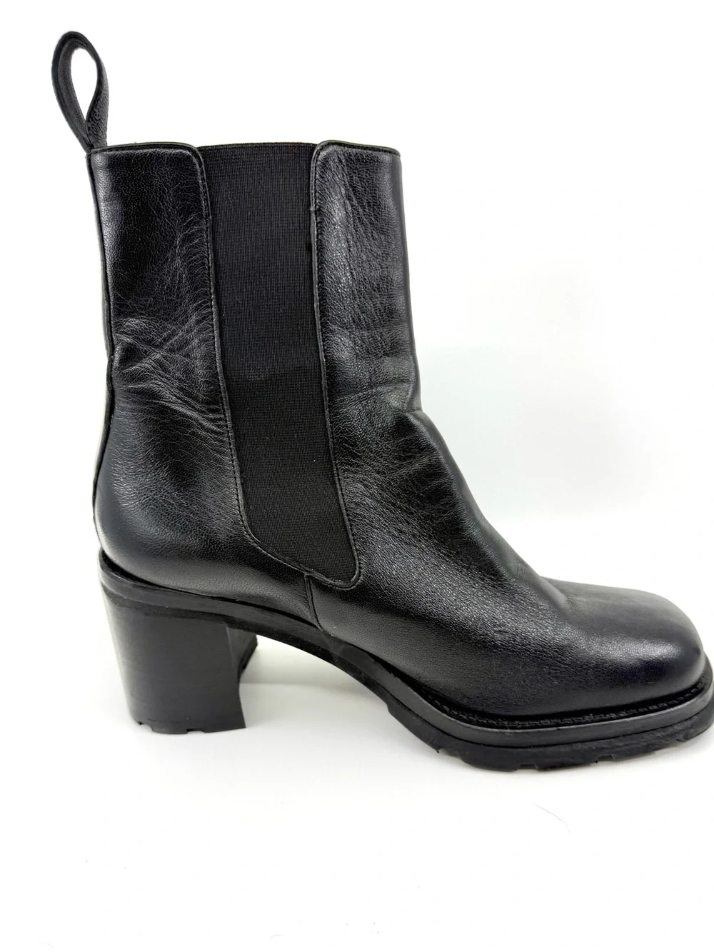 BY FAR Black Leather Chunky Heel Chelsea Ankle Boots